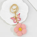 Pink Knit Texture Flower Keychain With Bell And Key Ring view 3