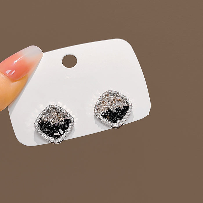 Black Square and Crushed Look Round Two Tone Stud Earrings