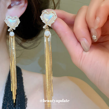 Iridescent Heart and Gold Chain Tassel Earrings with Polished Metal Details