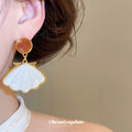 White Shell Fan Drop Earrings with Brown Oval Studs view 3