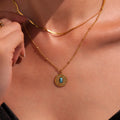 Gold Round Sunburst Turquoise Pendant Necklace Steel Chain view 4