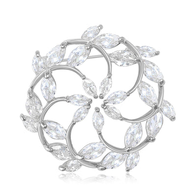 Silver hollow flower wreath zircon brooch front view