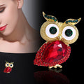 Gold Tone Owl Brooch Red Rhinestone Body Green Crystal Eyes view 2
