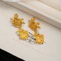Gold Tone Double Rose Extra Long Dangle Stud Earrings view 3