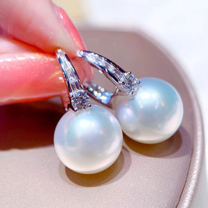 White Gold Tone Crystal Hoop Large Faux Pearl Drop Earrings