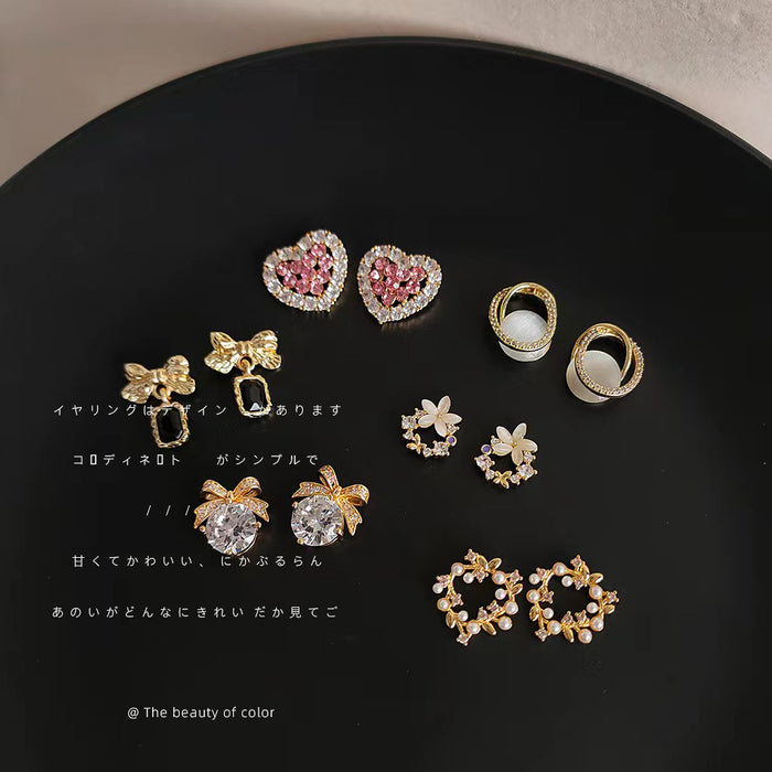 Gold CZ Bow Heart Pearl Leaf Cat Eye Stud Drop Earrings