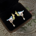 Gold Tone Blue Pink Bird Green Leaf And Clear Drop Stud Earrings view 4