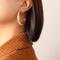 C-Shape Baguette Zirconia Hoop Earrings Gold Steel Blue view 1