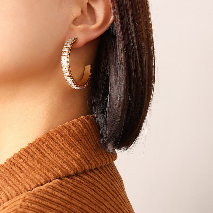 C-Shape Baguette Zirconia Hoop Earrings Gold Steel Blue