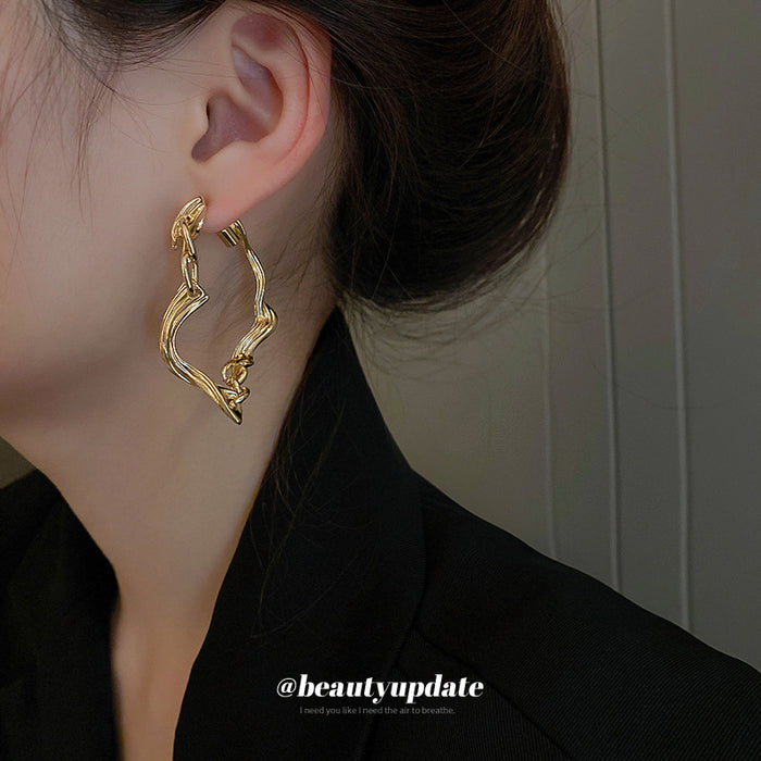 Gold Textured Wavy Open Hoop Earrings Polished Metal Jewelry