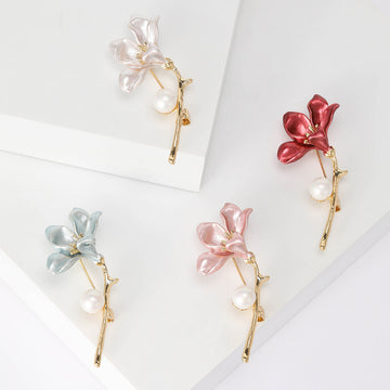 Enamel Flower Branch Brooch Pearl Accent Four Color Metal