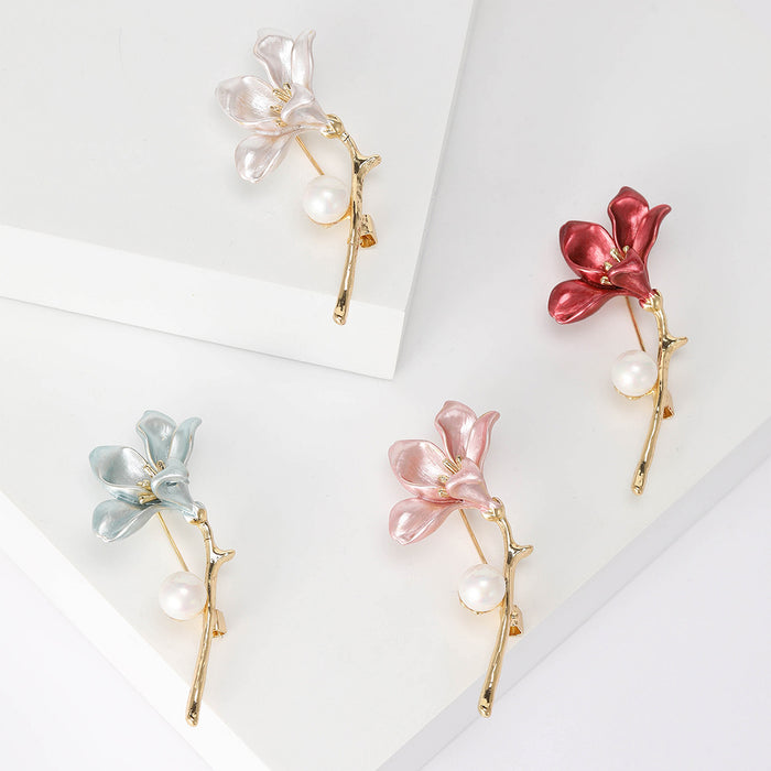 Enamel Flower Branch Brooch Pearl Accent Four Color Metal