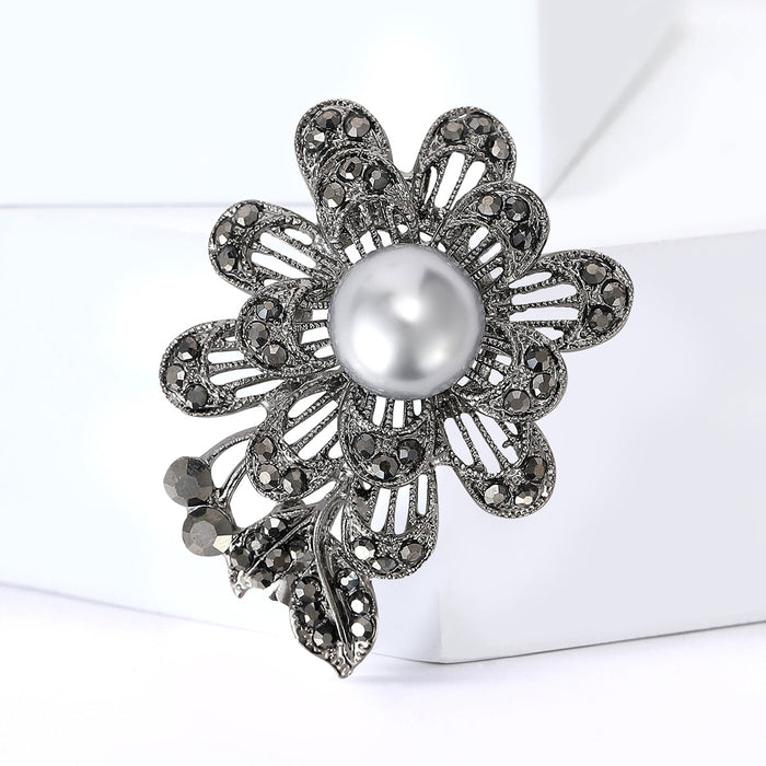 Gunmetal Filigree Flower and Leaf Brooch with Pearl Center