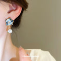 Blue Rose Floral Stud Earrings with Round Faux Pearl Drop view 3