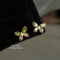 Gold Tone Olive Green And Pink Stone Butterfly Stud Earrings view 4