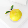 Yellow Enamel Lemon Brooch Green Leaf Fruit Metal Pin view 3