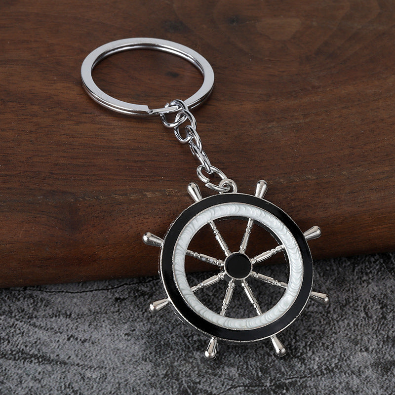 Nautical Anchor and Ship Wheel Metal Keychain with Blue White Charms