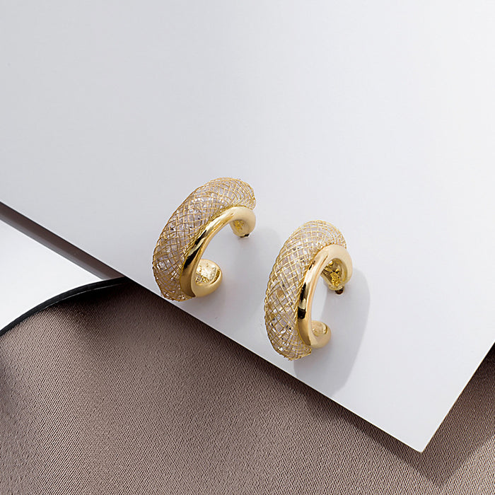 Gold Mesh Crystal C Shape Hoop Stud Earrings Lattice