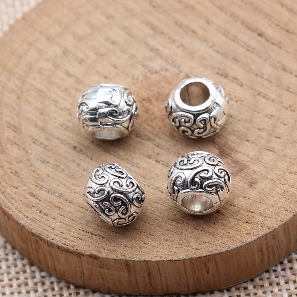 10x10x8mm 2.2g Antique Silver Zinc Alloy Carved Round Spacer Beads Large Hole for DIY Bracelet Making
