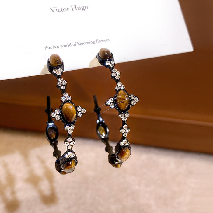Dark Metal Hoop Earrings with Brown Oval Cabochons
