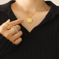 Gold Steel Engraved Geometric Cross Disc Pendant Necklace view 6