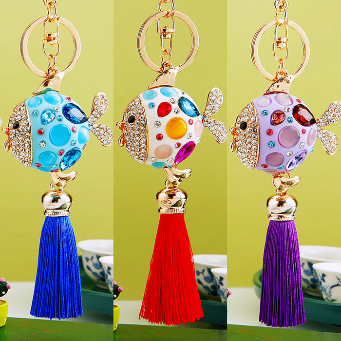 Jeweled Lucky Pufferfish Tassel Keychains in Four Colors plus Assorted Option
