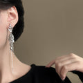 Silver Leaf Cluster Clip On Earrings With Long Chain Fringe view 4