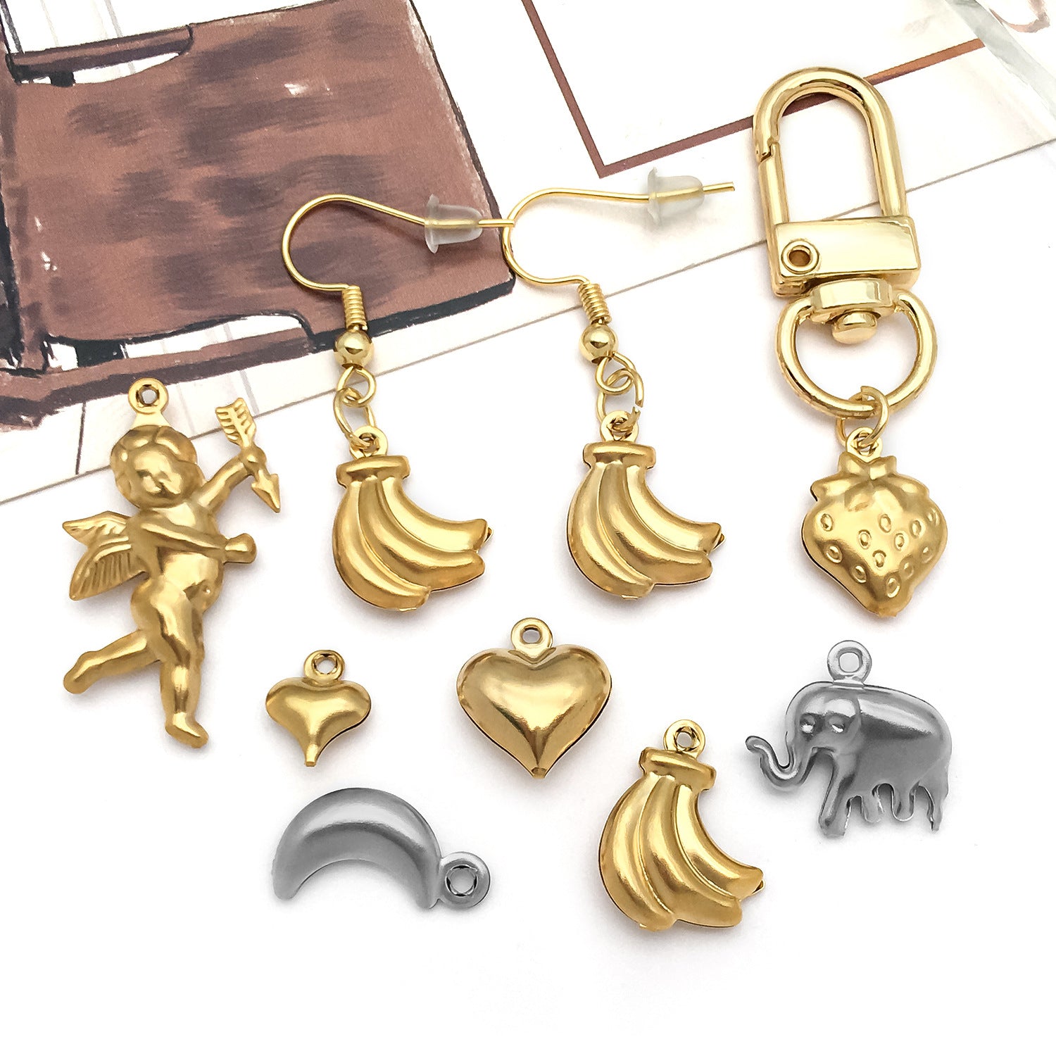 Stainless Steel Hollow Angel Heart Fruit Charm Pendant for DIY Keychain Bag Jewelry