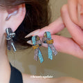 Crystal Bow Stud Earrings in Black or Multicolor Stripes view 2