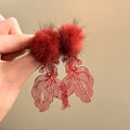 Red Fluffy Pompom And Filigree Fish Earrings - One Style view 1