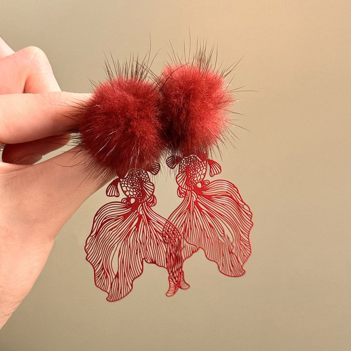 Red Fluffy Pompom And Filigree Fish Earrings - One Style