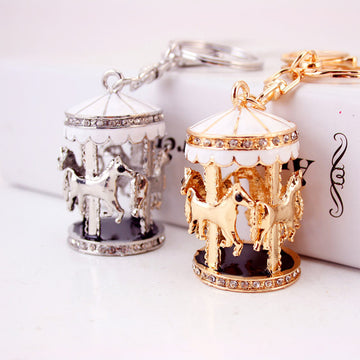 Carousel Horse Keychain, Clear Stone Accents, Gold Or Silver