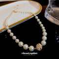 Graduated Pearl Necklace Gold Crystal Ball Center Single Layer view 4