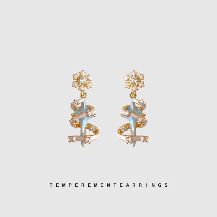 Snowflake Light Blue Spiral Ribbon Drop Earrings CZ