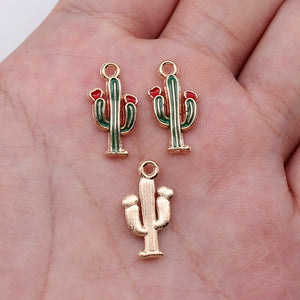 Green Enamel Cactus Charm with Red Flower in 1 Finish for Jewelry Making