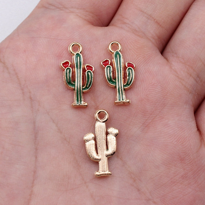 Green Enamel Cactus Charm with Red Flower in 1 Finish for Jewelry Making