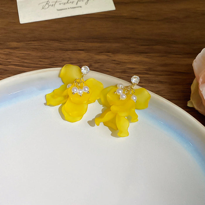 Yellow Flower and Pearl Dangle Stud Earrings Fashion Earrings