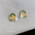 Gold Tone Green Hair Girl Face And White Pearl Bubble Stud Earrings view 3