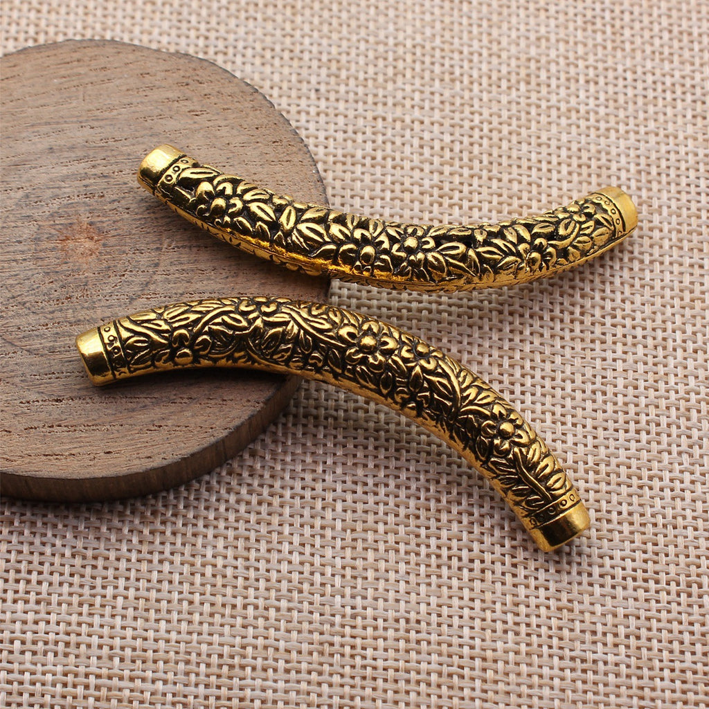 67x9.5x8.4mm 11.7g Antique Gold Zinc Alloy Flower Leaf Pattern Curved Tube Beads for DIY Necklace Making