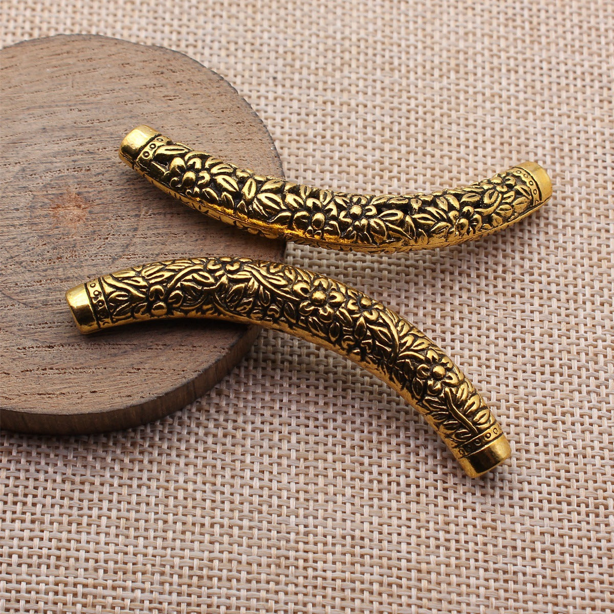 67x9.5x8.4mm 11.7g Antique Gold Zinc Alloy Flower Leaf Pattern Curved Tube Beads for DIY Necklace Making