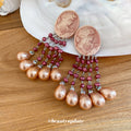 Pink Cameo Red Beaded Fringe and Pearl Statement Earrings view 4