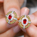 Two Tone Red Oval Crystal Halo Stud Earrings Fashion Jewelry view 1