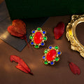 Gold Red Oval Cabochon Multicolor Gem Stud Earrings view 4