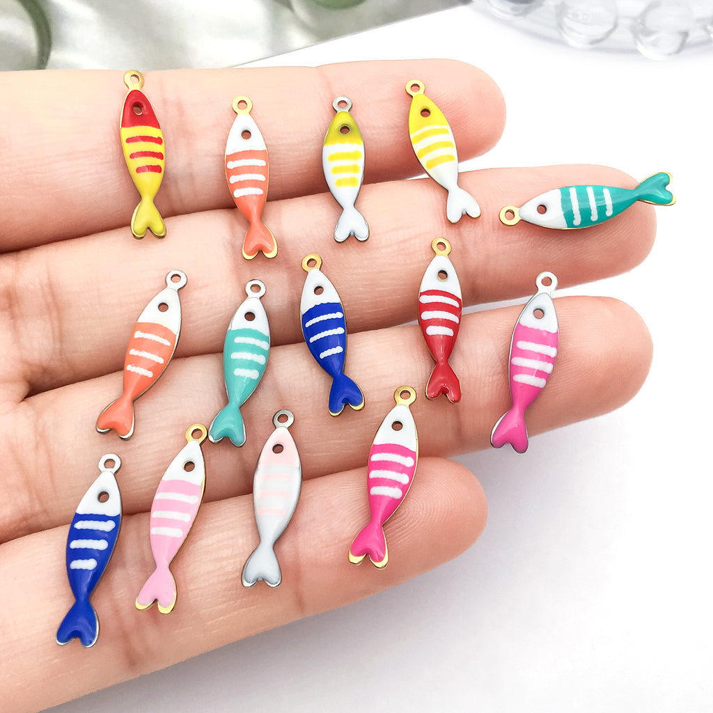 Stainless Steel Enamel Striped Fish Double Sided charm pendant for DIY ocean jewelry making