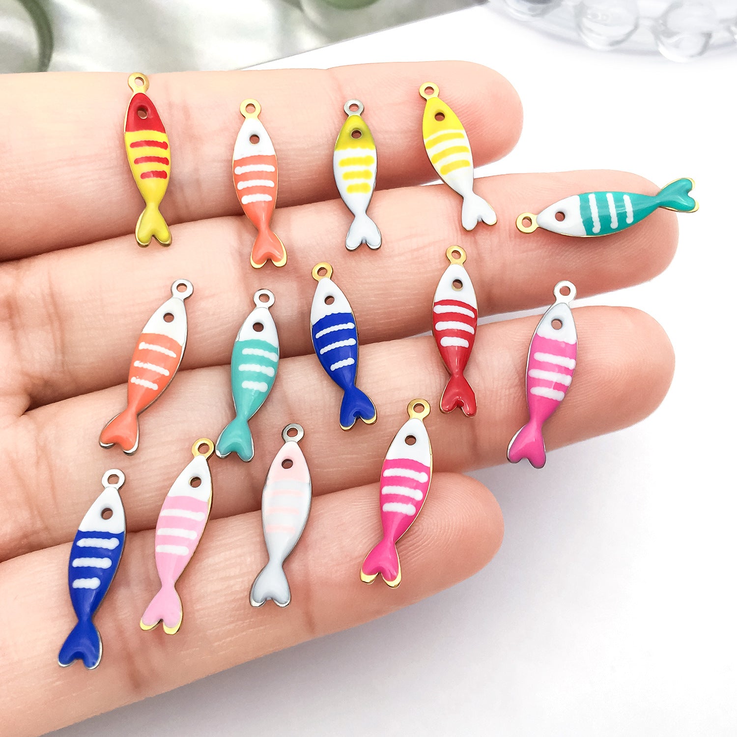 Stainless Steel Enamel Striped Fish Double Sided charm pendant for DIY ocean jewelry making
