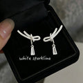 Silver Tone Clear Stone Rope Knot Bow And Teardrop Stud Earrings view 6