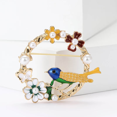 Main front view of Colorful Bird And Flower Wreath Brooch With Pearl Accents