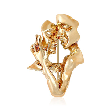 Gold Abstract Couple Faces Kiss Metal Figure Brooch Pin