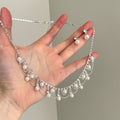 Silver Pearl Rhinestone Fringe Necklace Matching Stud Earrings view 1