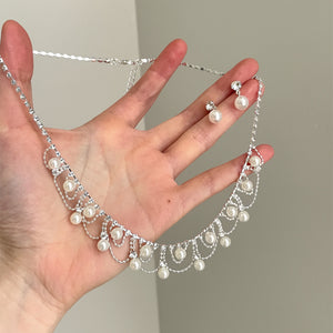 Silver Pearl Rhinestone Fringe Necklace Matching Stud Earrings